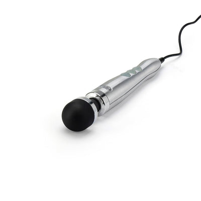 Compact Doxy Die Cast 3 wand massager with brushed metal finish and black silicone head on white background