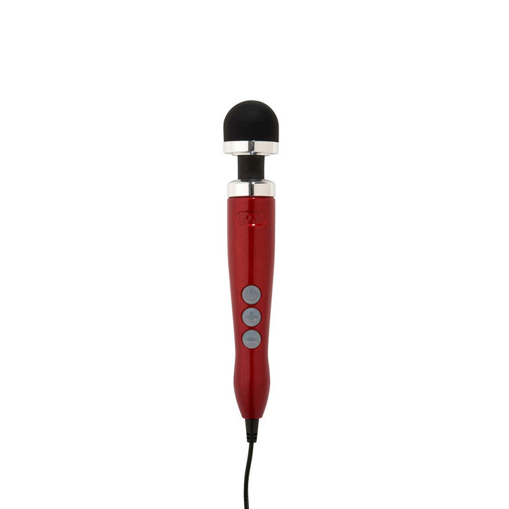 Doxy Number 3 Candy Red mains-powered wand vibrator with black silicone head and control buttons on handle.