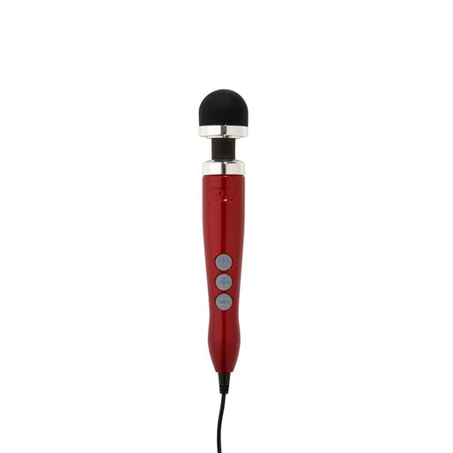 Doxy Number 3 Candy Red mains-powered wand vibrator with black silicone head and control buttons on handle.