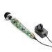 Compact Doxy Die Cast 3 wand massager with pineapple pattern and black silicone head, shown with power adapter on white background.