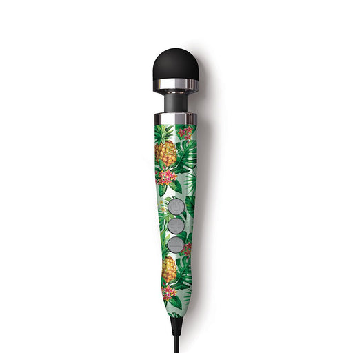 Compact Doxy Die Cast 3 wand massager with tropical pineapple and leaf pattern, black silicone head, and control buttons.