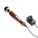 Compact Doxy Die Cast 3 wand massager with tiger pattern handle and black silicone head, shown with power adapter.