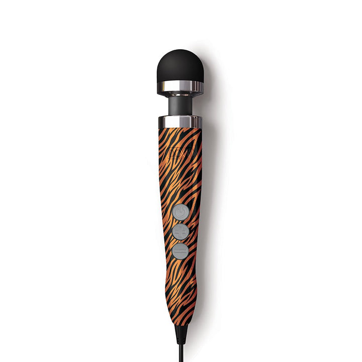Compact Doxy Die Cast 3 wand massager with tiger stripe pattern, black silicone head, and three control buttons.