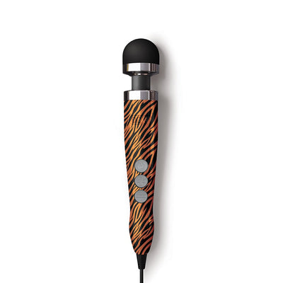Compact Doxy Die Cast 3 wand massager with tiger stripe pattern, black silicone head, and three control buttons.