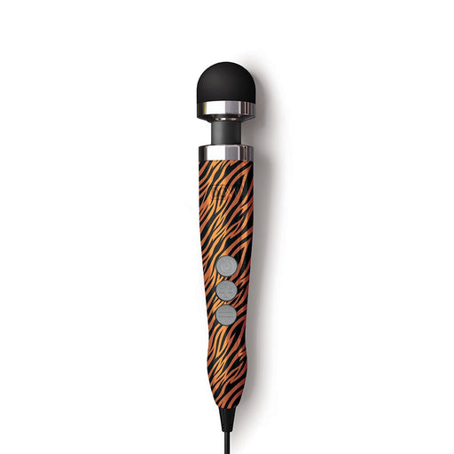 Compact Doxy Die Cast 3 wand massager with tiger stripe pattern, black silicone head, and three control buttons.
