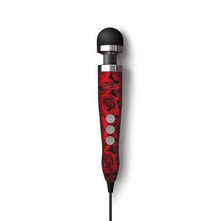 Compact Doxy Die Cast 3 wand massager with black silicone head and red rose pattern handle with three control buttons and power cord.
