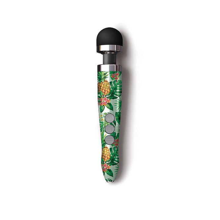 Rechargeable Doxy Die Cast 3R wand massager with pineapple and tropical leaf pattern on handle, black rounded head.
