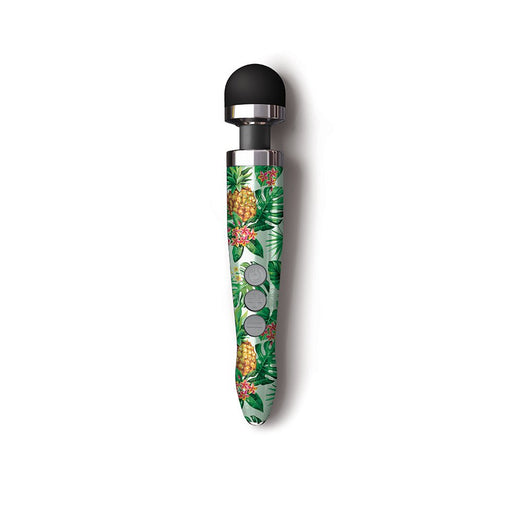 Rechargeable Doxy Die Cast 3R wand massager with pineapple and tropical leaf pattern on handle, black rounded head.