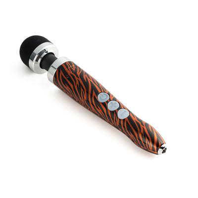 Rechargeable Doxy Die Cast 3R wand massager with tiger stripe design and three-button control panel.