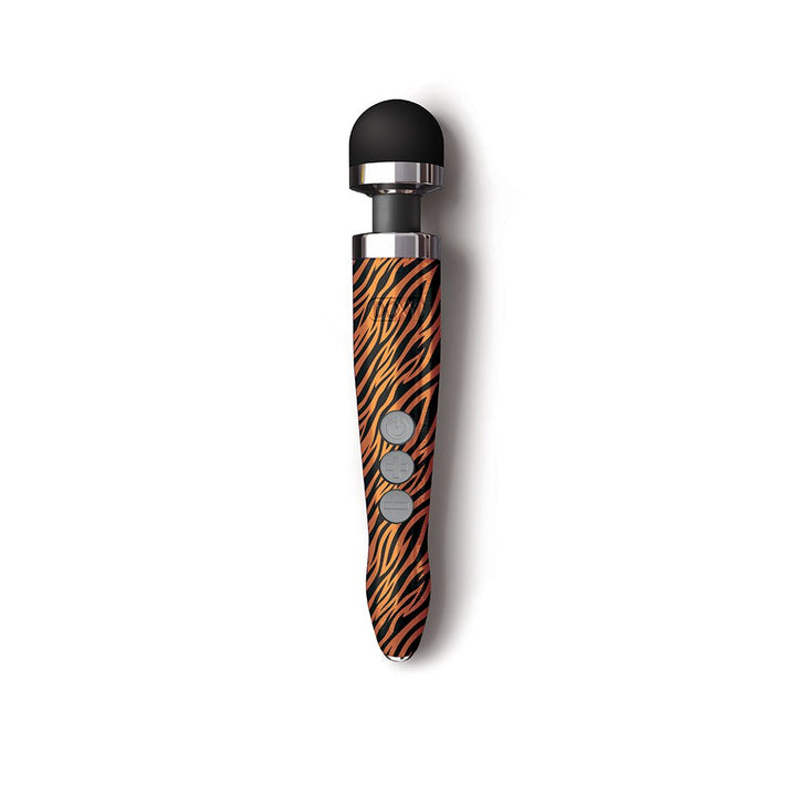 Rechargeable Doxy Die Cast 3R wand massager with tiger stripe design and three-button control panel.