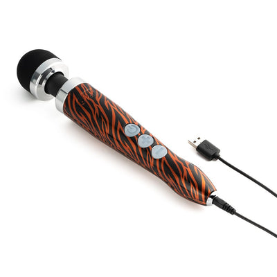 Rechargeable Doxy Die Cast 3R massager with tiger stripe design and USB charging cable on white background.
