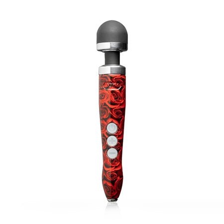 Rechargeable Doxy Die Cast 3R wand massager with red rose pattern and three control buttons on the handle.