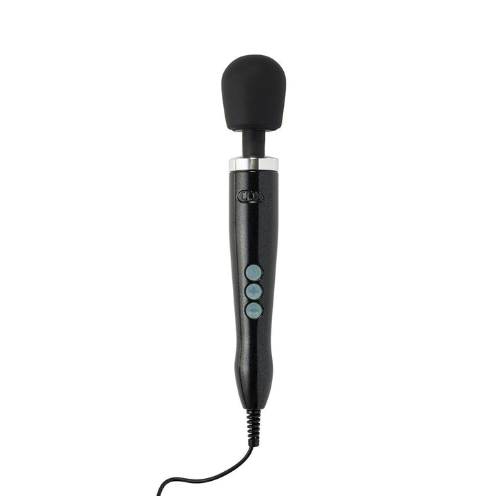 Black Doxy Die Cast massager with silicone head, three control buttons, and long power cord on white background.