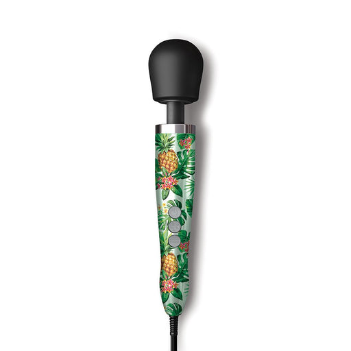 Doxy Die Cast Massager with black silicone head and tropical pineapple floral patterned handle on white background.