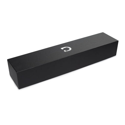 Black rectangular luxury keepsake box with silver logo on top for Doxy Die Cast Tiger Pattern product packaging.
