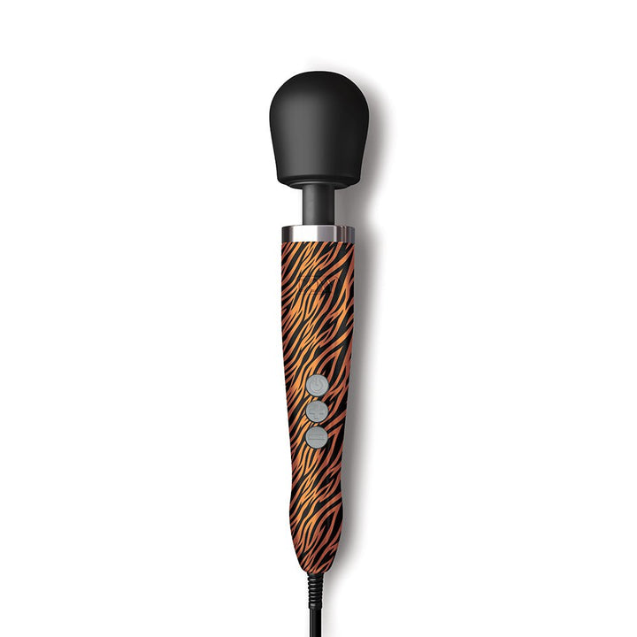 Doxy Die Cast wand massager with black silicone head and tiger stripe patterned handle with control buttons.