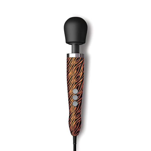 Doxy Die Cast wand massager with black silicone head and tiger stripe patterned handle with control buttons.