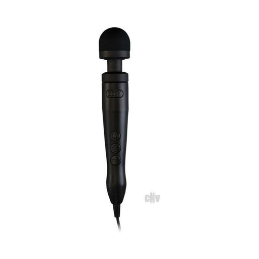 Matte black Doxy Number 3 mains powered wand vibrator with silicone head and control buttons on handle.
