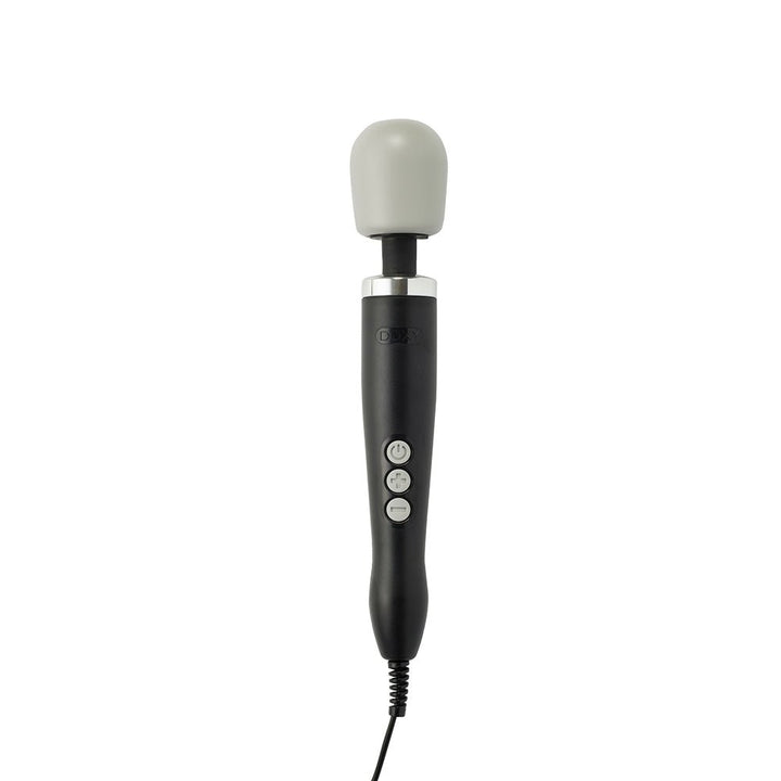 Doxy Original massager with black handle, grey silicone head, and control buttons on the front, shown with power cord.