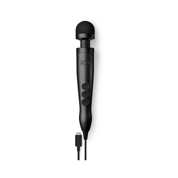 Black Doxy USB-C Wand massager with detachable silicone head and control buttons on handle, USB-C cable attached.