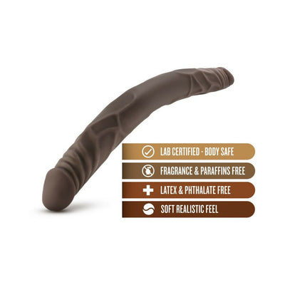 Chocolate-colored 14-inch double-ended dildo with realistic texture and body-safe, phthalate-free material features.