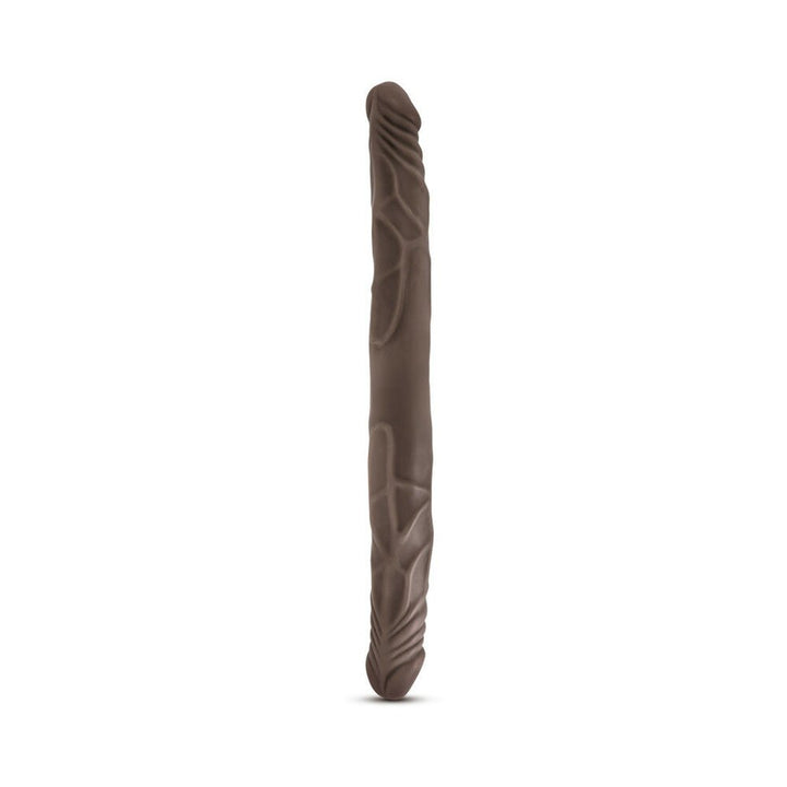 Chocolate-colored 14-inch double-ended dildo with realistic texture and veining detail.