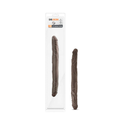 Chocolate-colored 14-inch double-ended dildo with realistic texture shown in and out of clear packaging.