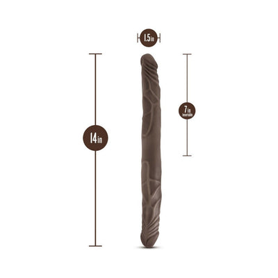 Chocolate-colored 14-inch double-ended dildo with realistic texture and 7-inch insertable length.