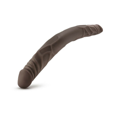 Chocolate-colored 14-inch double-ended dildo with realistic veining and texture for versatile use.
