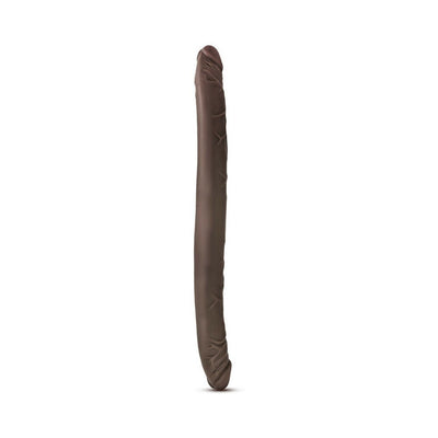 16-inch chocolate-colored double-ended dildo with realistic texture and firm design for versatile use.