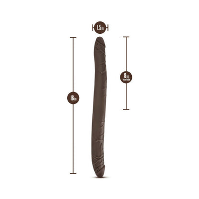 Chocolate-colored 16-inch double-ended dildo with 1.5-inch diameter and 8-inch insertable length shown with size measurements.