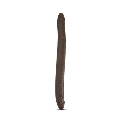 16-inch double-ended dildo in chocolate color with realistic texture and detailing on a white background.