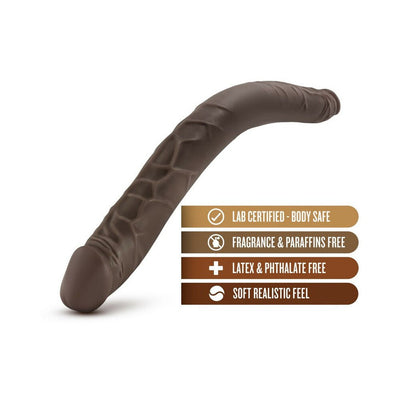 Chocolate-colored 16-inch double-ended dildo with realistic texture and body-safe, phthalate-free material features.