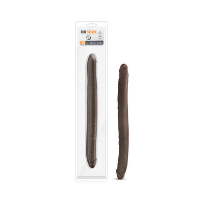 Chocolate-colored 16-inch double-ended dildo with realistic texture shown in and out of clear packaging.