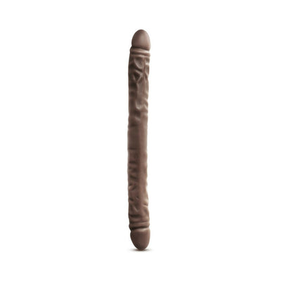 18-inch chocolate double-ended dildo with realistic texture and detailing on a white background.