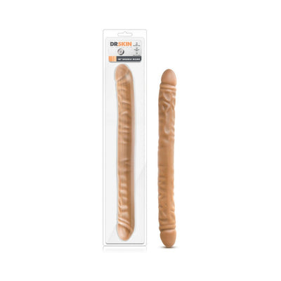 Chocolate-colored 18-inch double-ended dildo with realistic texture, shown in and out of clear packaging.