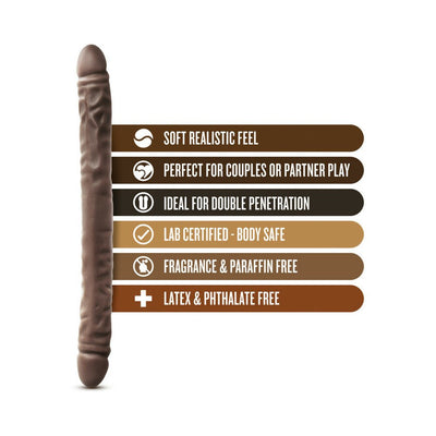 Chocolate-colored 18-inch double-ended dildo with soft realistic texture and body-safe, phthalate-free materials.