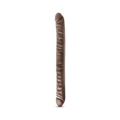 18 inch chocolate-colored double-ended dildo with realistic texture and detailing on a white background.