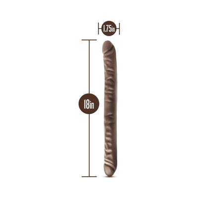 Chocolate-colored 18-inch double-ended dildo with realistic texture and 1.75-inch diameter shown with size measurements.