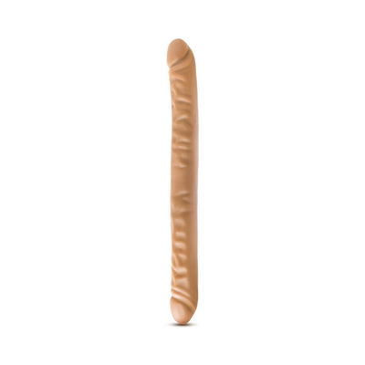 18-inch chocolate-colored double-ended dildo with realistic texture and detailing on a white background.