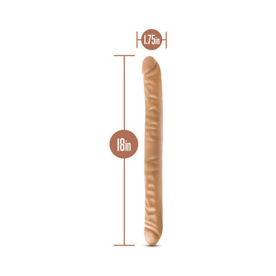 18-inch chocolate double-ended dildo with realistic texture and 1.75-inch diameter shown with size measurements.