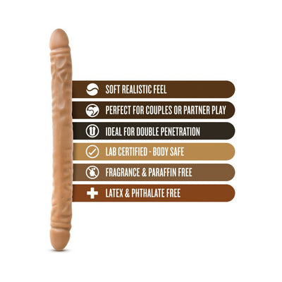 Chocolate-colored 18-inch double-ended dildo with product features highlighting softness, partner play, safety, and phthalate-free materials.