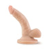 Beige 4-inch realistic mini dildo with curved shaft and suction cup base standing upright on white background.