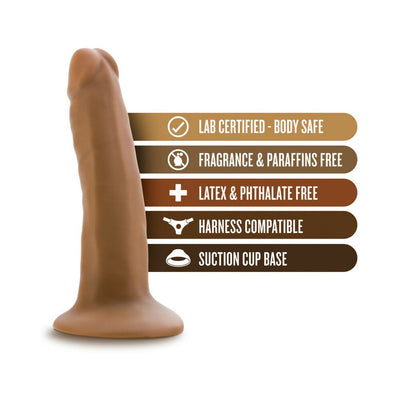 Vanilla-colored 5.5 inch realistic dildo with suction cup base and product feature icons on white background.