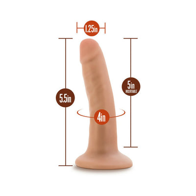 Vanilla-colored 5.5 inch dildo with suction cup base and detailed size measurements on a white background.