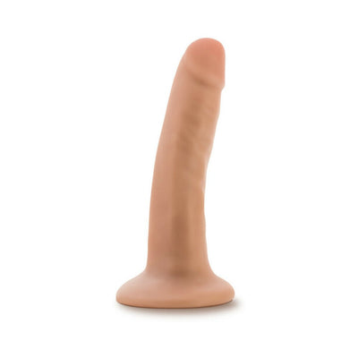 Vanilla-colored 5.5 inch realistic dildo with suction cup base standing upright on white background.