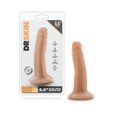 Vanilla-colored 5.5 inch realistic dildo with suction cup base and packaging showing product features.