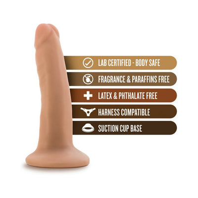 Vanilla-colored 5.5 inch realistic dildo with suction cup base and product feature icons on white background.