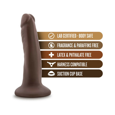 Vanilla-colored 5.5 inch realistic dildo with suction cup base and safety feature icons on white background.