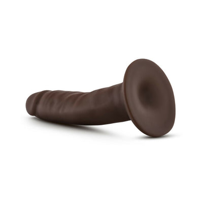 Compact 5.5 inch dark brown dildo with suction cup base, textured for realistic feel and hands-free use.